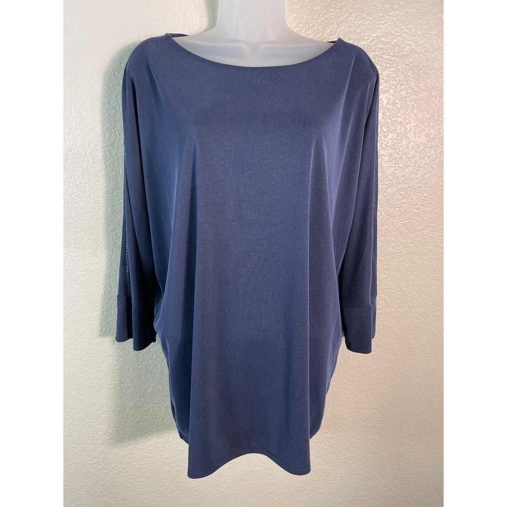 Chicos 2 US Large Tunic Top Blue Ribbed Dolman 3/4 Sleeve Chain Detail Career